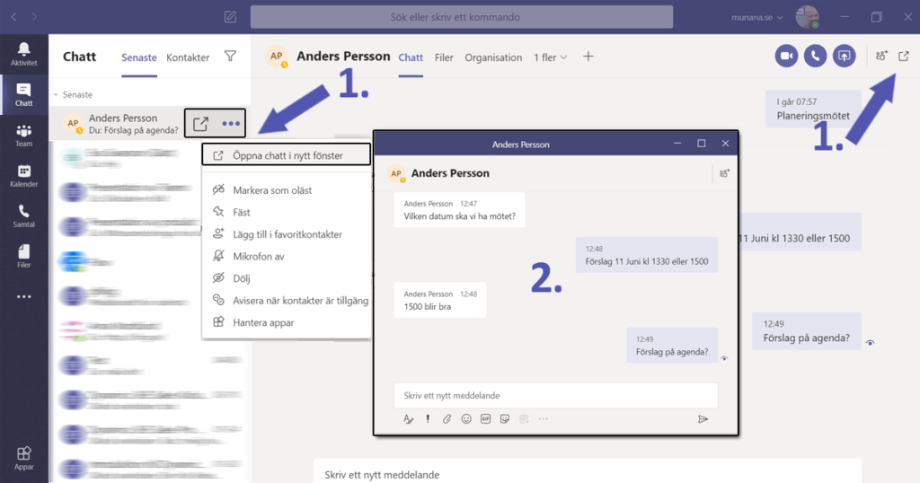 Microsoft Teams - Öppna en chatt i ett nytt fönster